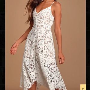 Lulu’s One Wish White Lace Midi Dress